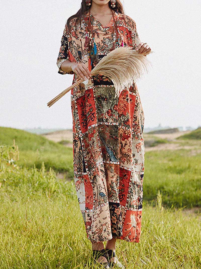 Multicolor V-Neck Patchwork Floral Print Tassel Cotton Kaftan Maxi Dress 4
