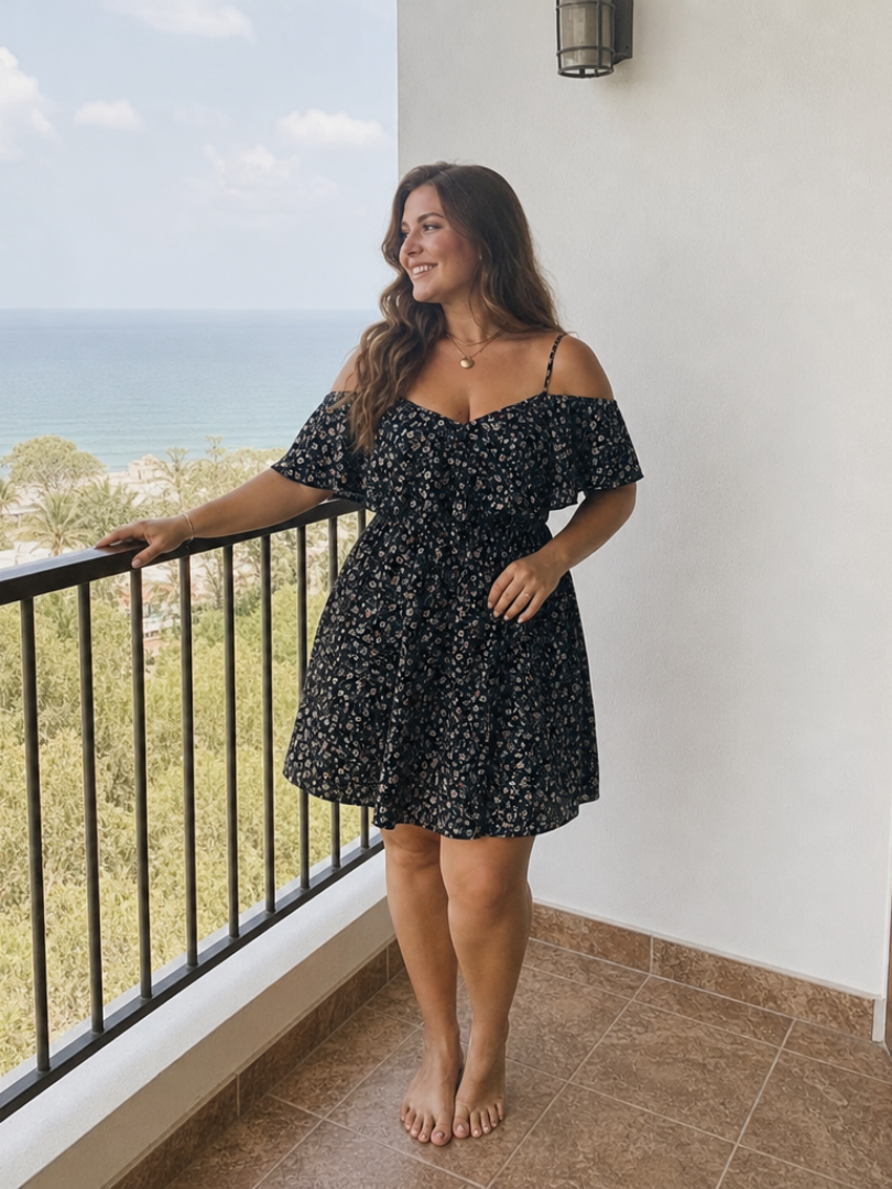 Floral Cold Shoulder Ruffle Overlay Ditsy Floral A-Line Mini Dress 7
