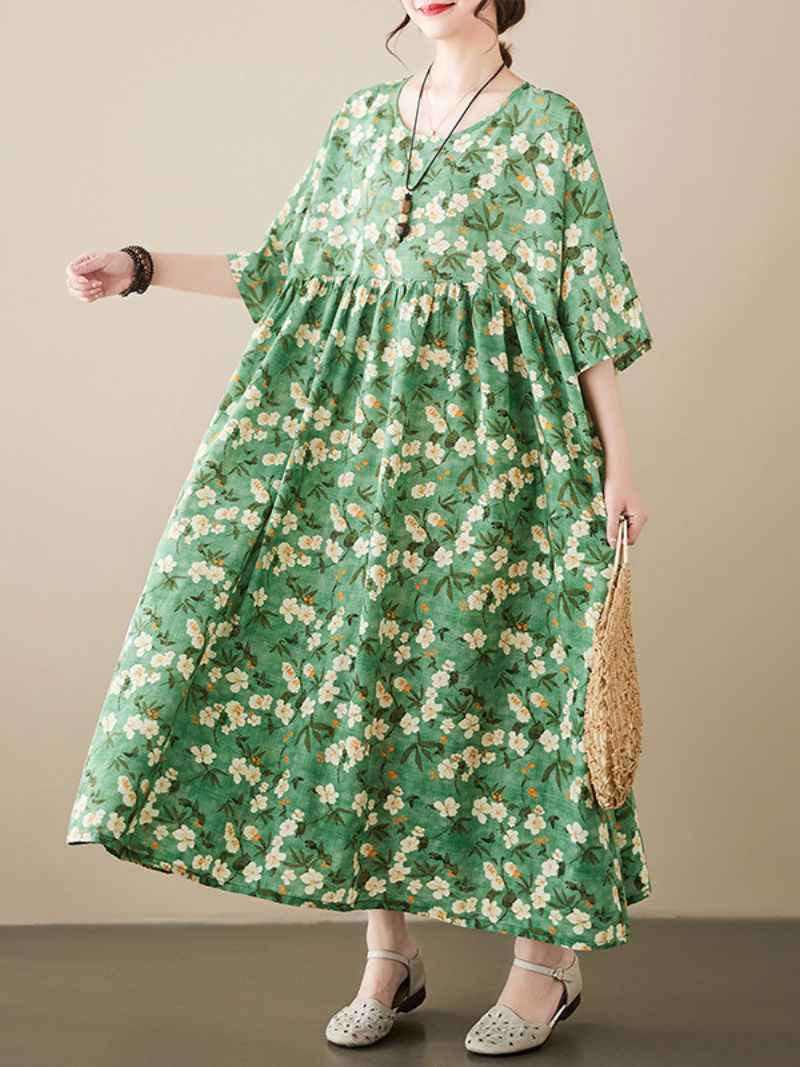 Green Round Neck Floral Short Sleeve Pleated Loose Smock Maxi Dress