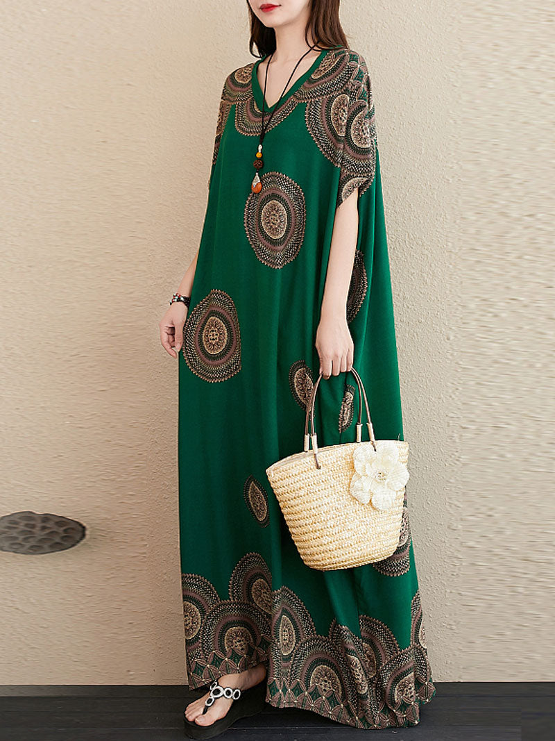 Green V-Neck Medallion Print Batwing Sleeve Loose Kaftan Maxi Dress 4