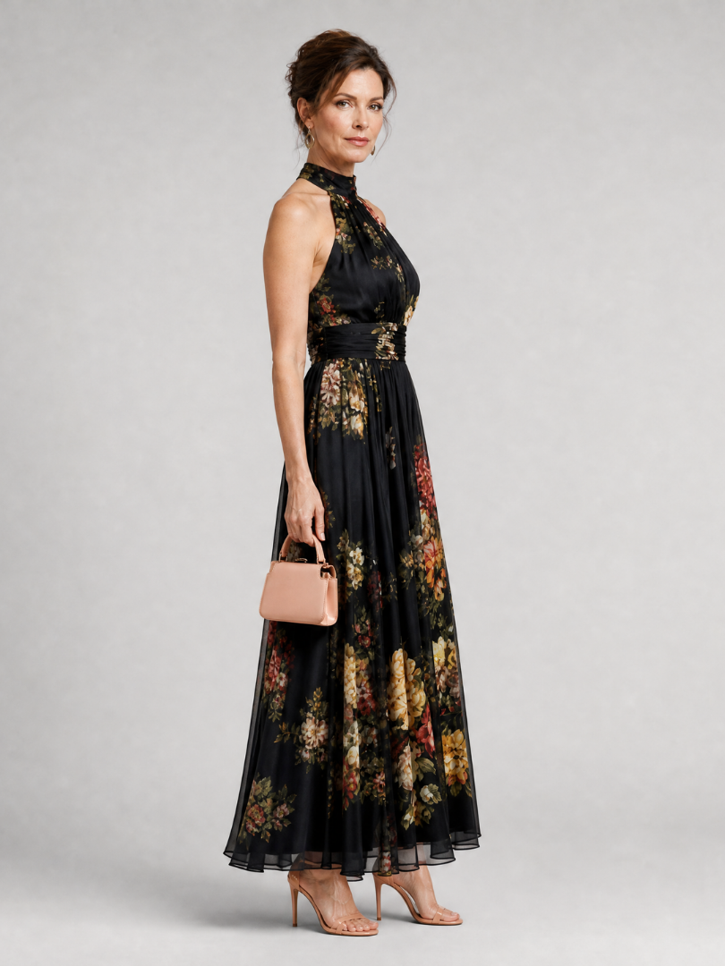 Black Halter Neck Floral Print Ruched Waist Sleeveless Pleated Maxi Dress 4