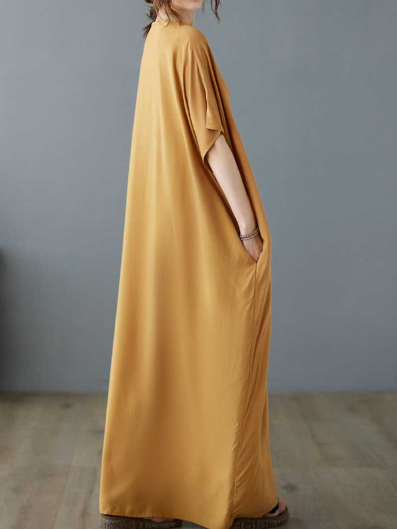 Yellow V-Neck Floral Embroidered Medallion Short Sleeve Loose Kaftan Maxi Dress