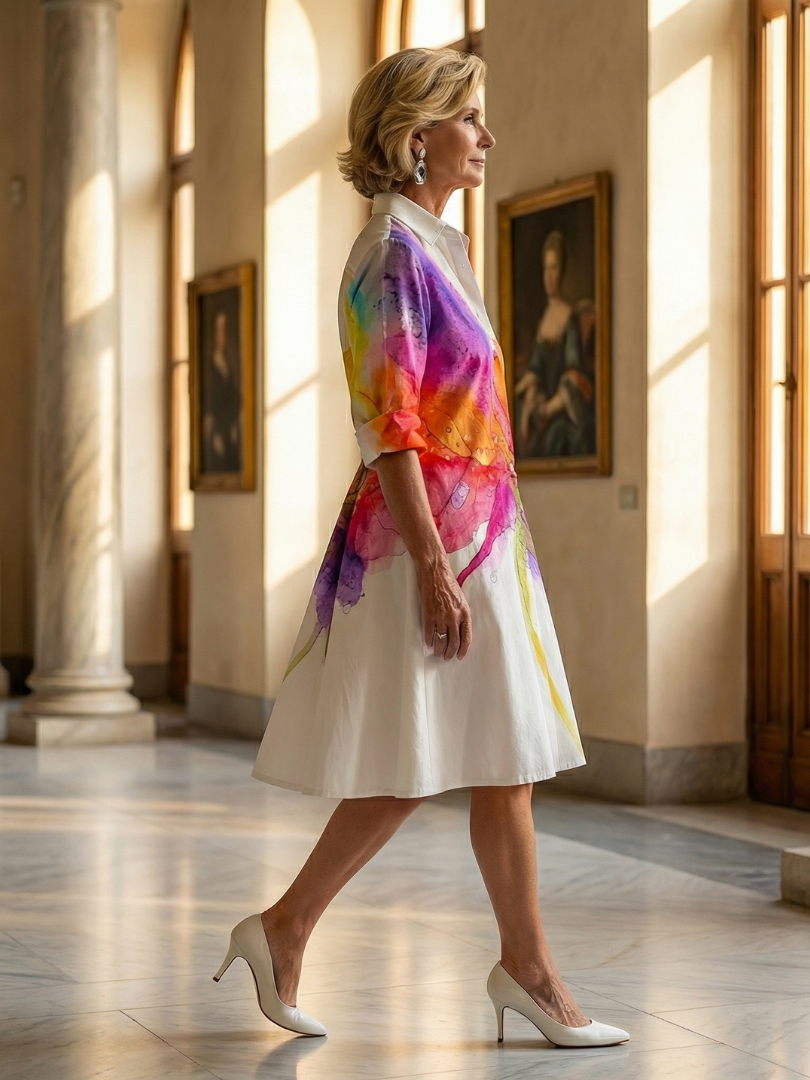 Multicolor Collared Watercolor Floral Rolled Sleeve Shirt Mini Dress 2