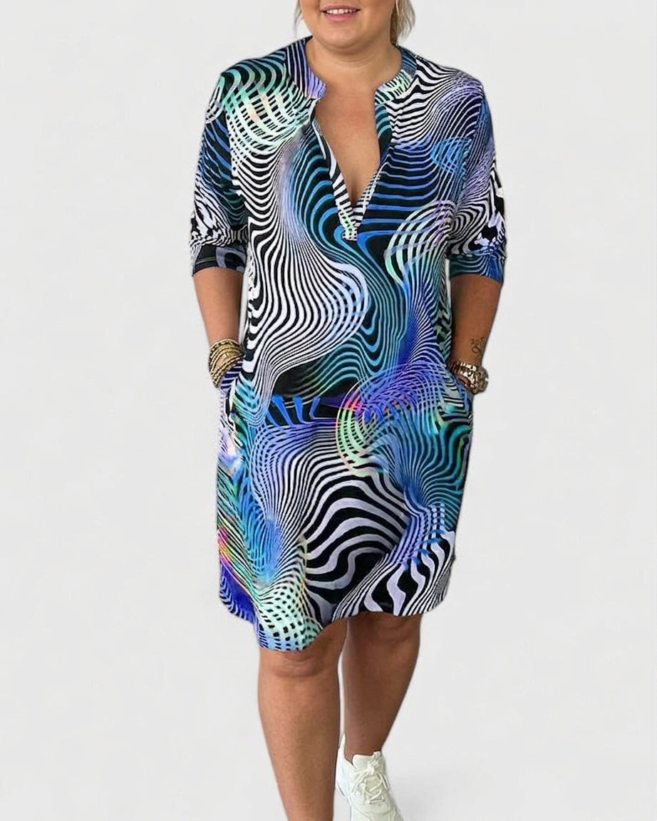 Notch V-Neck Abstract Swirl Print Short Sleeve Shift Midi Dress