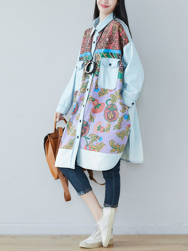 Collared Button Down Floral Print Denim Shirt Midi Dress