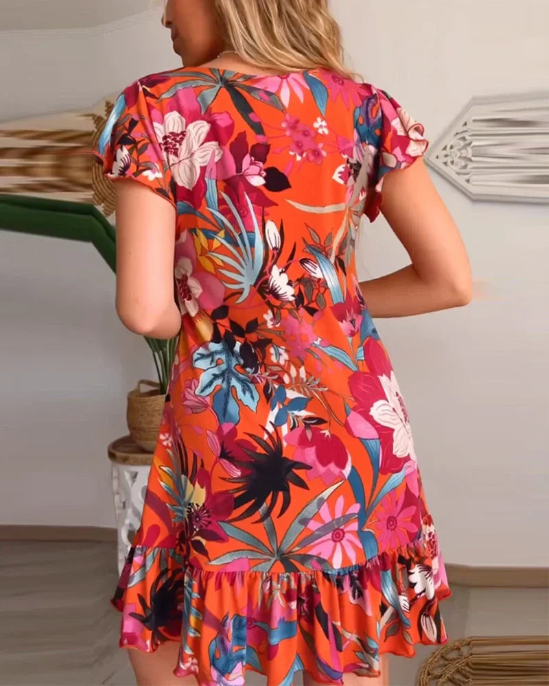 V-Neck Floral Flutter Sleeve Ruffle Hem Swing Mini Dress