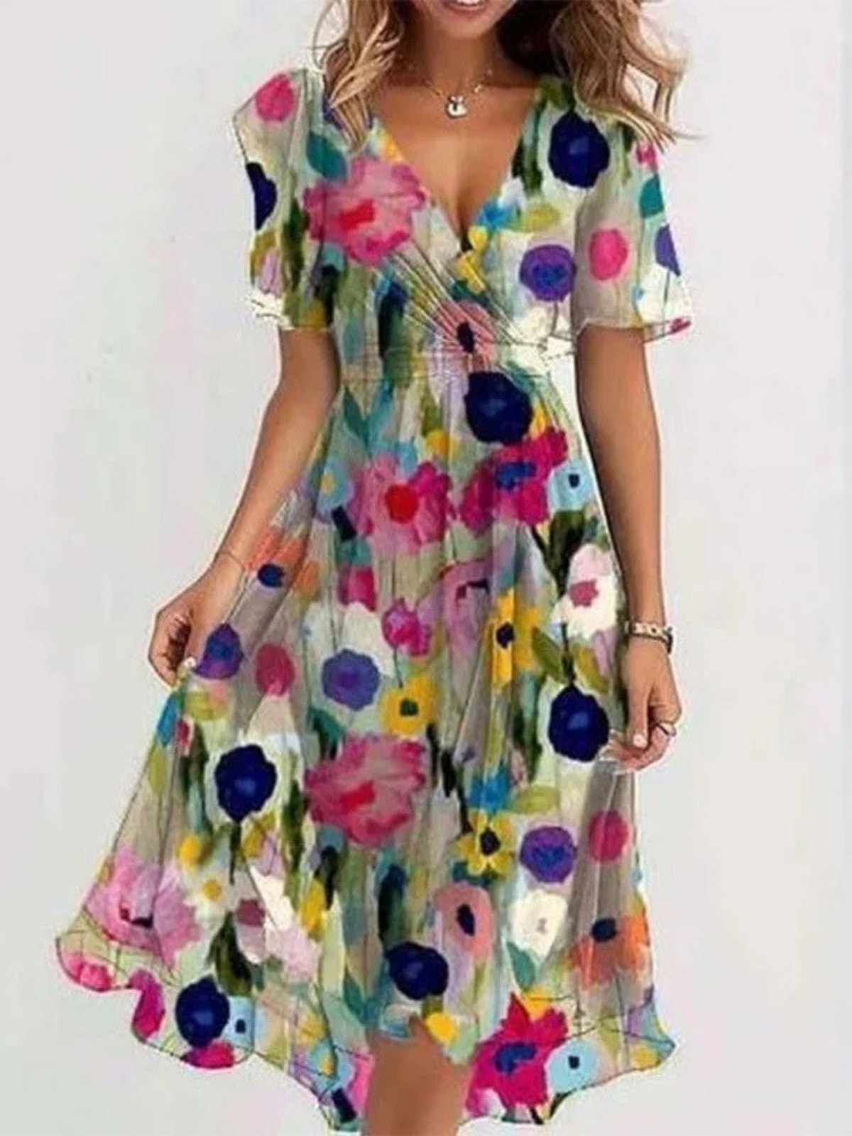 V-Neck Floral Chiffon Wrap Flutter Sleeve A-Line Midi Dress
