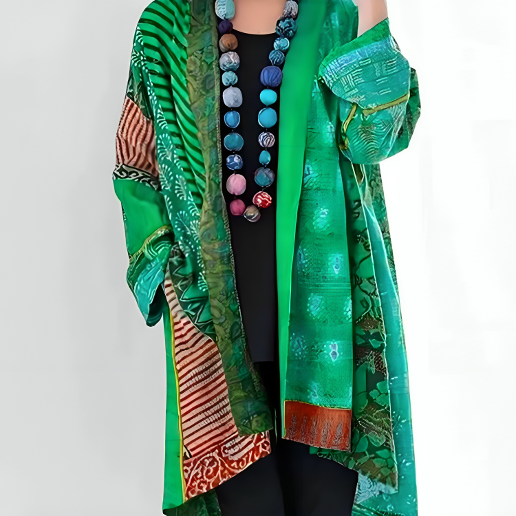 Open Front Patchwork Boho Print Long Sleeve Cardigan