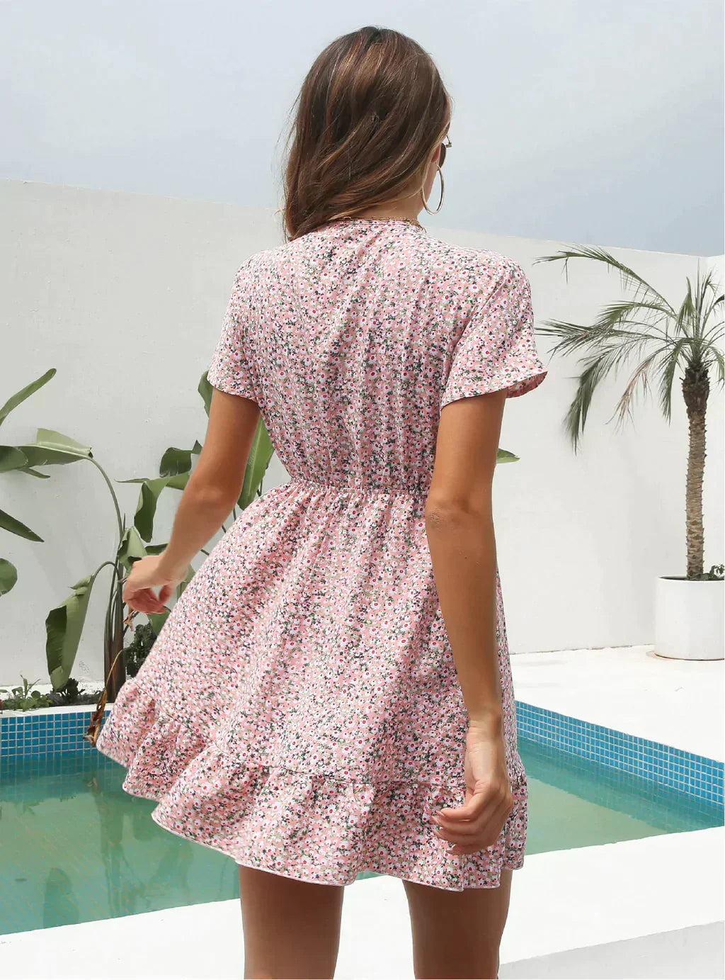 Deep V-Neck Flounces Chiffon Flowered Top M / Pink Dresses