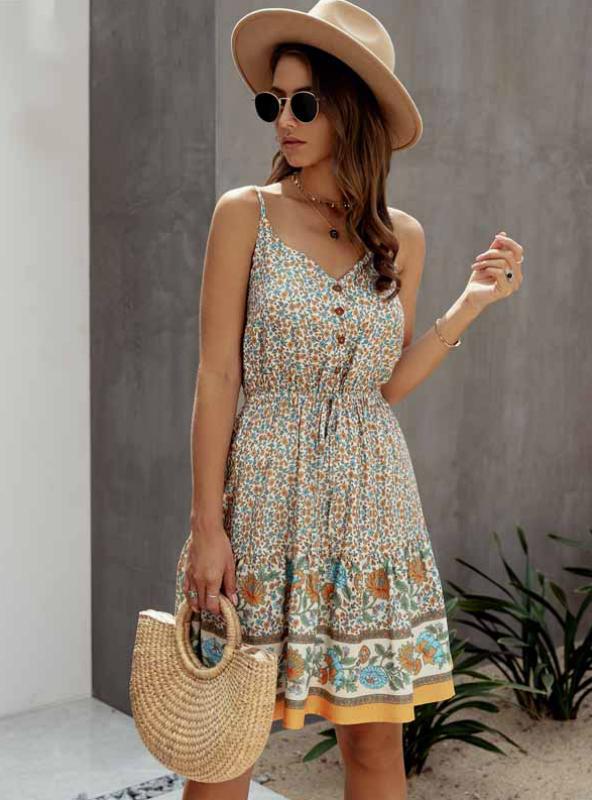 Lossky Summer Women’s Cotton Mini Sundress With Button Detail S / Beige Dresses
