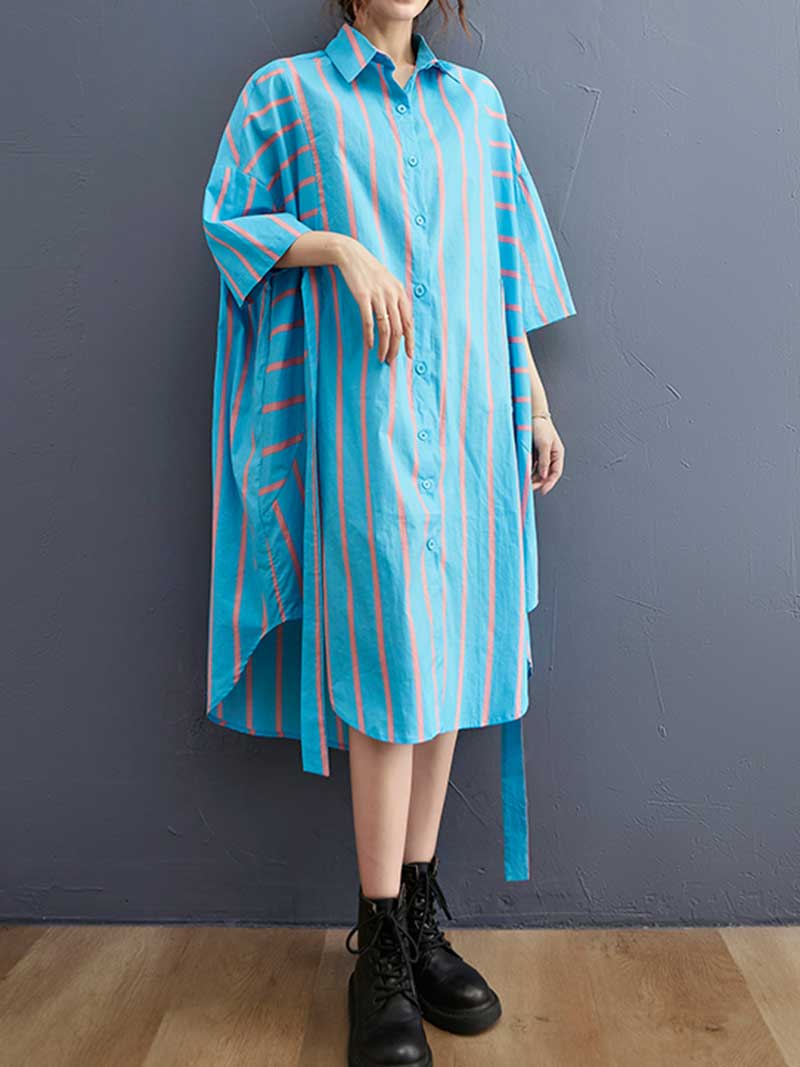 Blue Collared Striped Button-Up High-Low Shirt Midi Dress 4