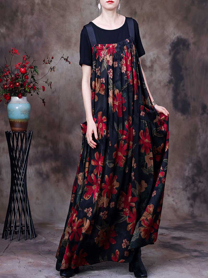 Strap Floral Print Pleated Pocket Loose Pinafore Maxi Dress 7