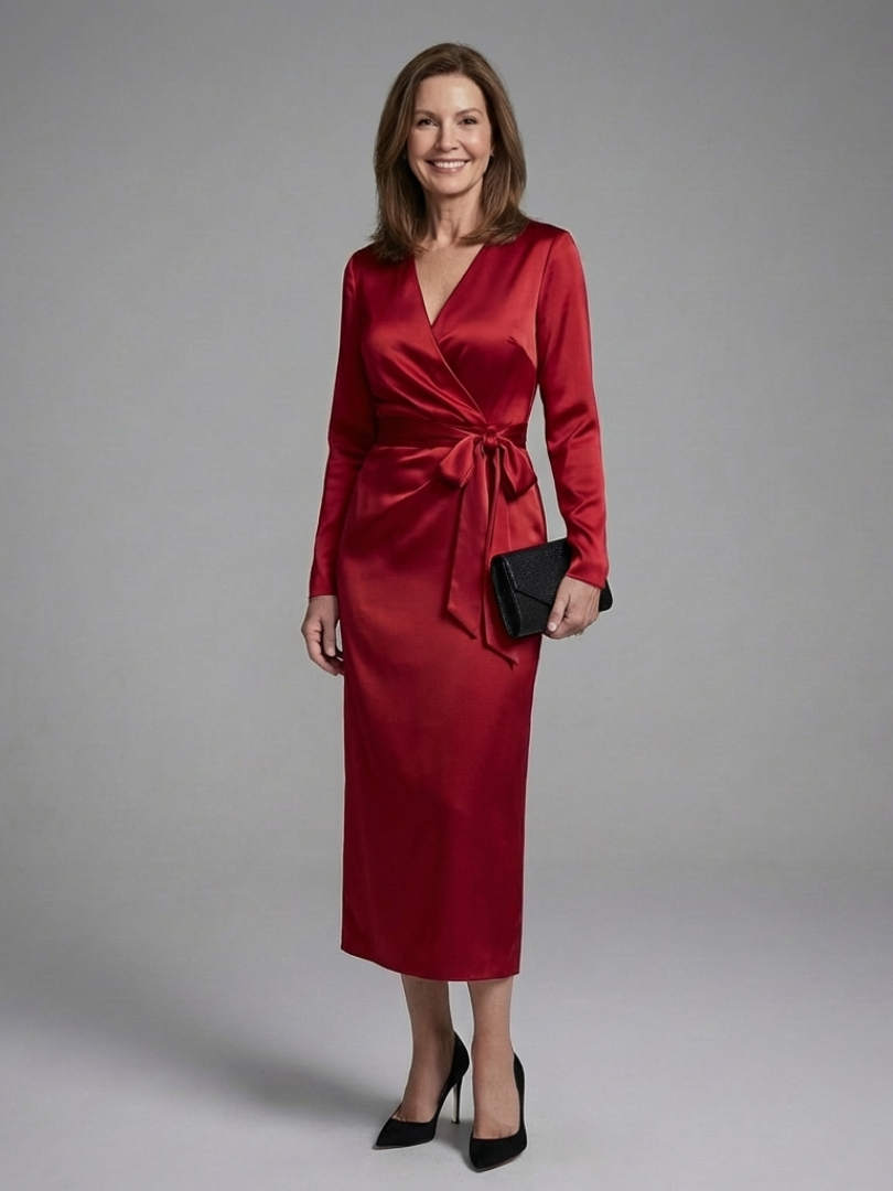 V-Neck Satin Long Sleeve Tie Waist Wrap Midi Dress 2