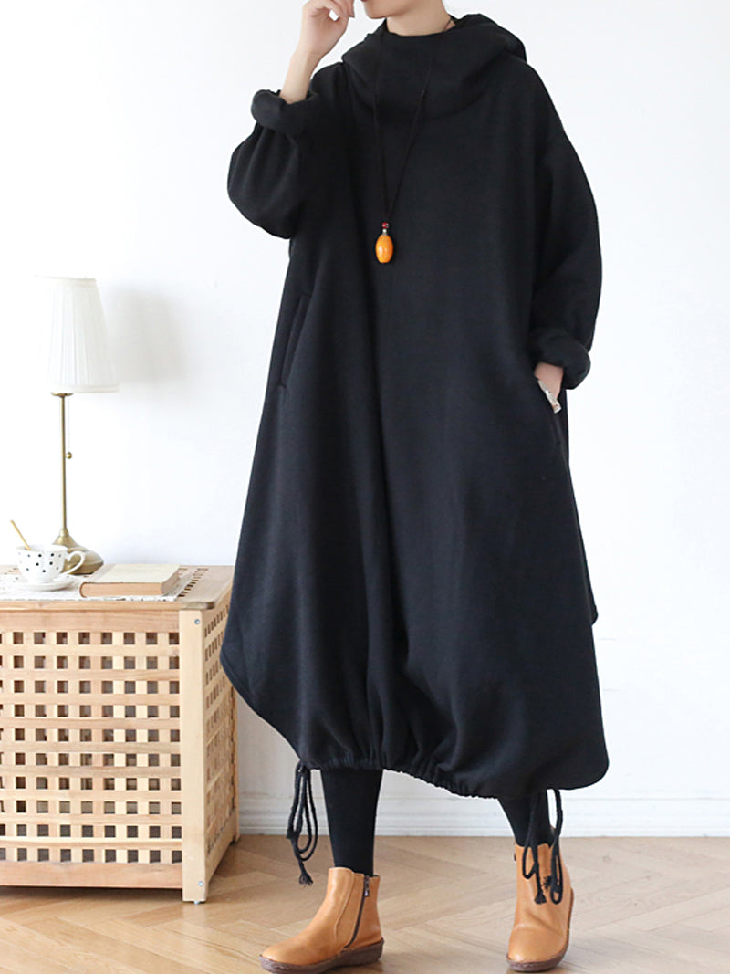 Hooded Long Sleeve Drawstring Hem Loose Cocoon Midi Dress 8