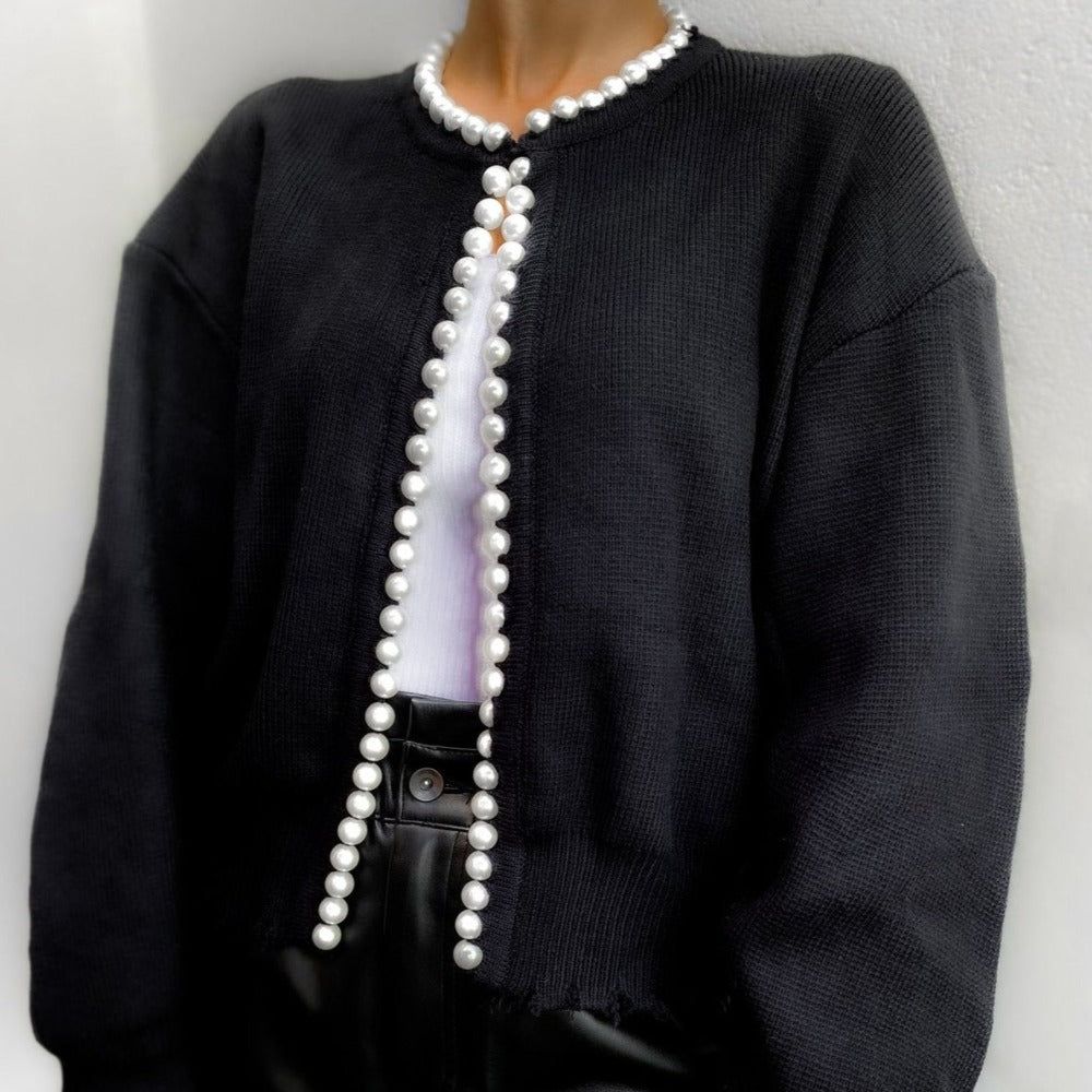 Round Neck Pearl Trim Long Sleeve Knit Cardigan