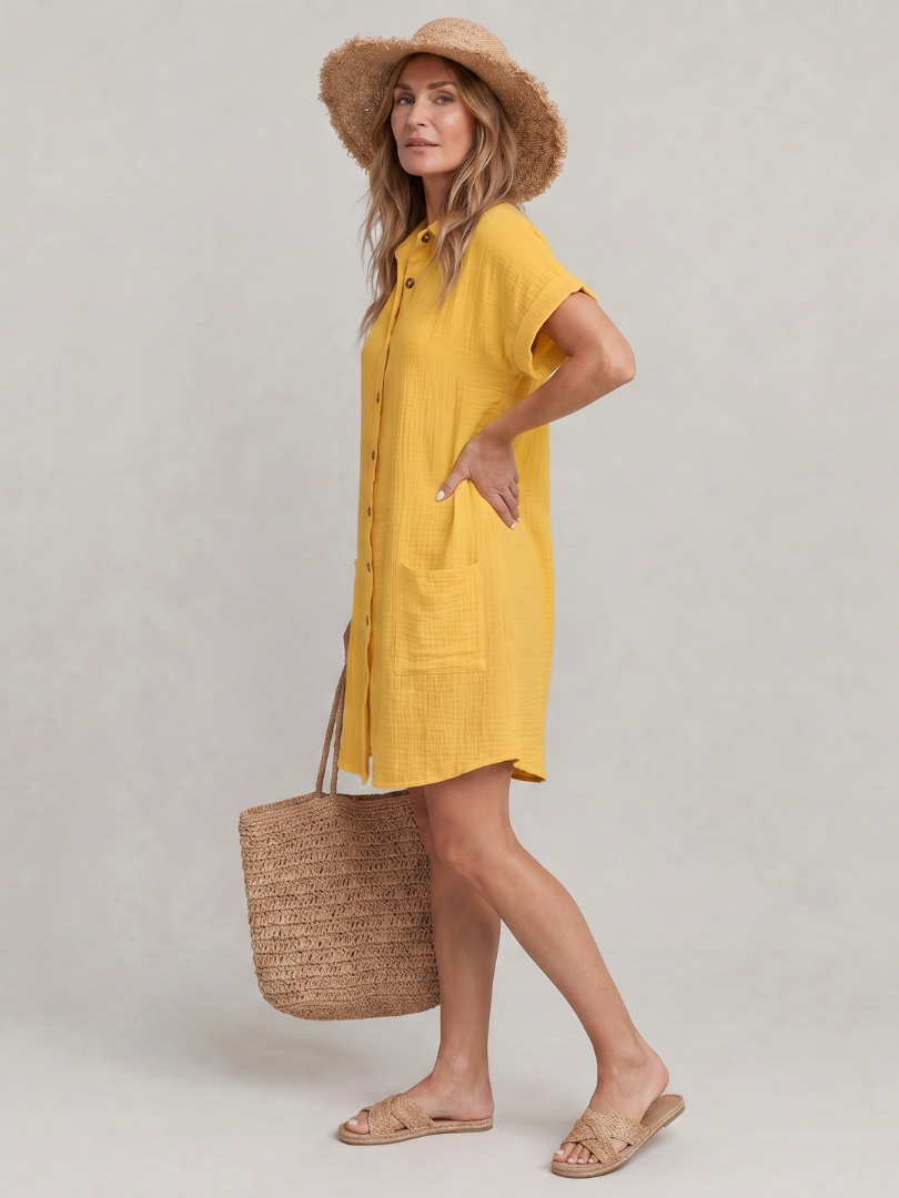 Collared Button Front Pocket Textured Shirt Mini Dress 4