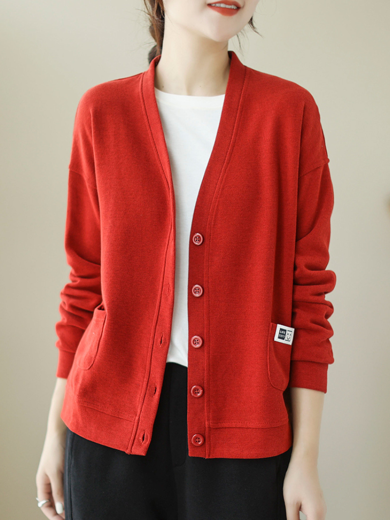 V-Neck Button Front Pocket Long Sleeve Loose Cardigan 4