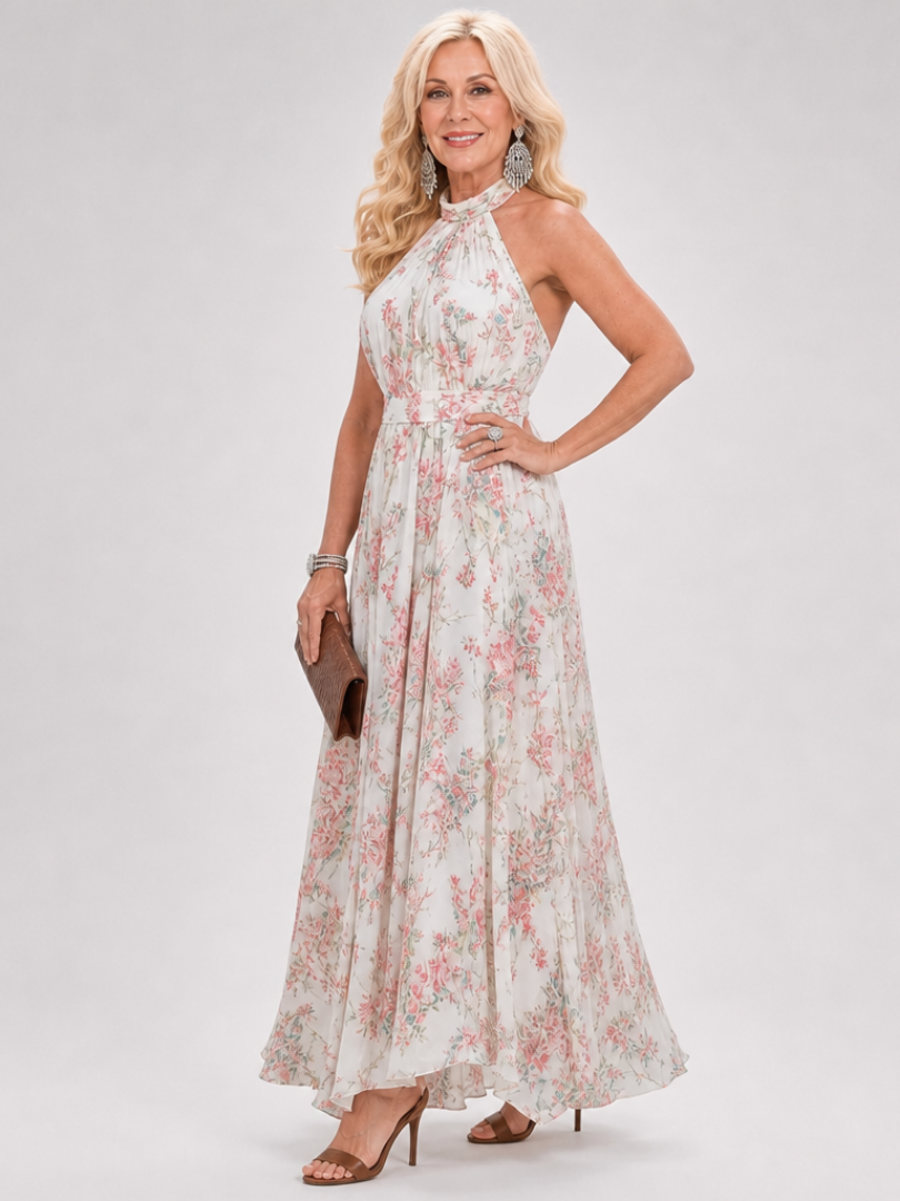 Halter Neck Floral Keyhole Belted Waist Flowy Maxi Dress 5