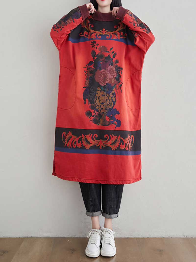 Red High Neck Baroque Floral Print Long Sleeve Loose Sweater Midi Dress