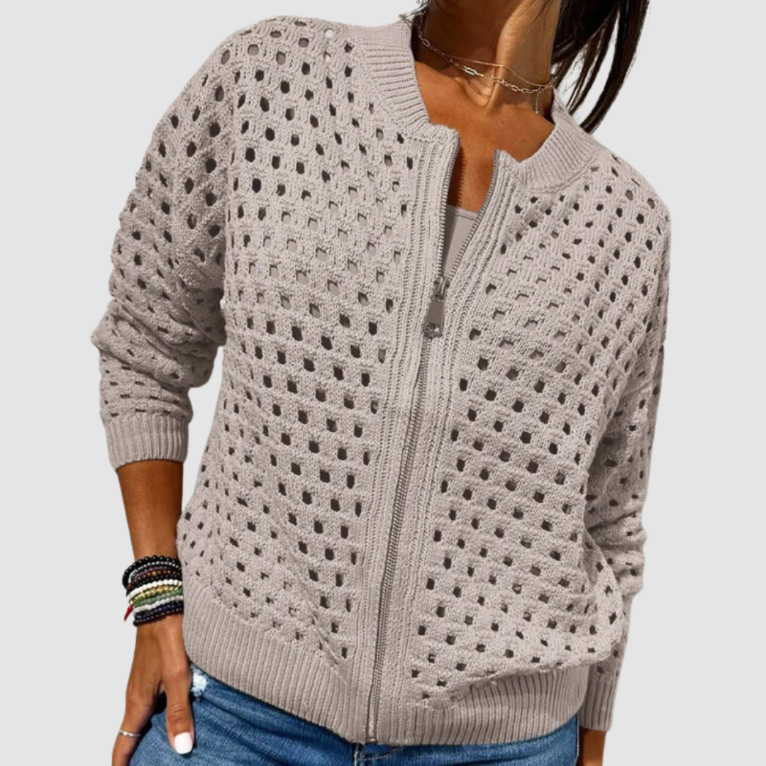 Crochet Hollow Out Zip Front Long Sleeve Cardigan 4