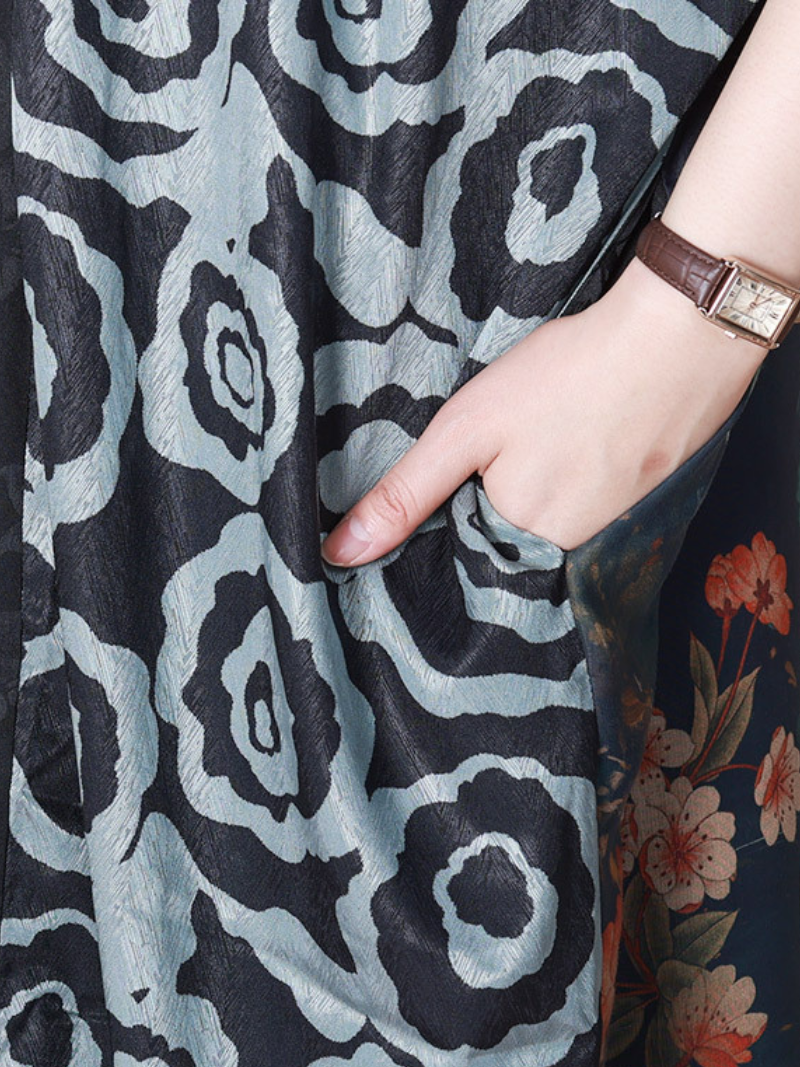 Black Stand Collar Button Front Floral Patchwork Short Sleeve Shirt Midi Dress