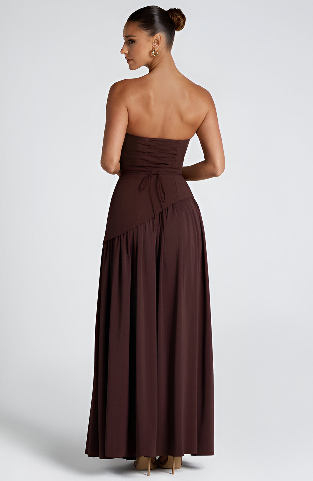 Strapless Neck Scarf Asymmetric High Slit Flowy Maxi Gown 9