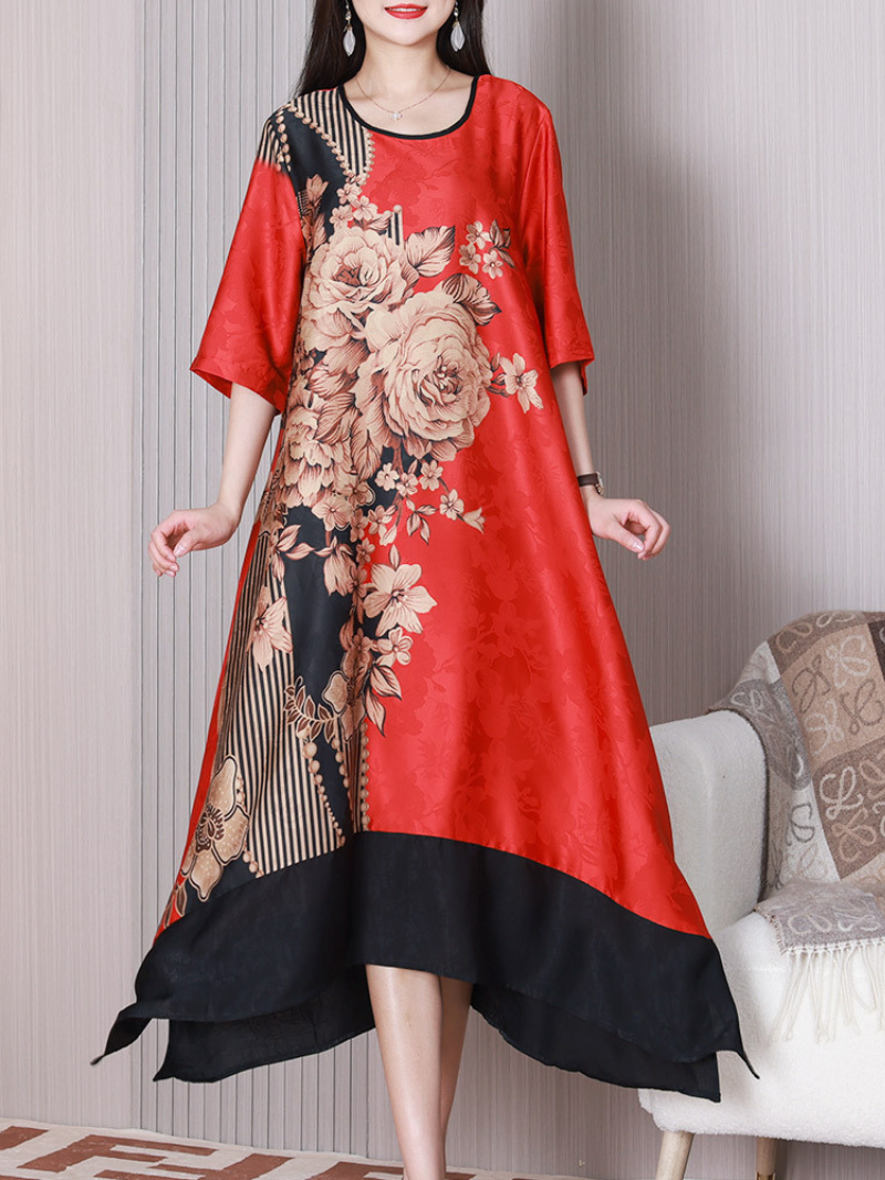 Round Neck Half Sleeve Floral Print Contrast Hem Midi Dress
