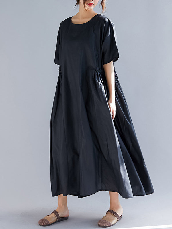 Black Round Neck Short Sleeve Pleated Pocket Loose A-Line Midi Dress 3