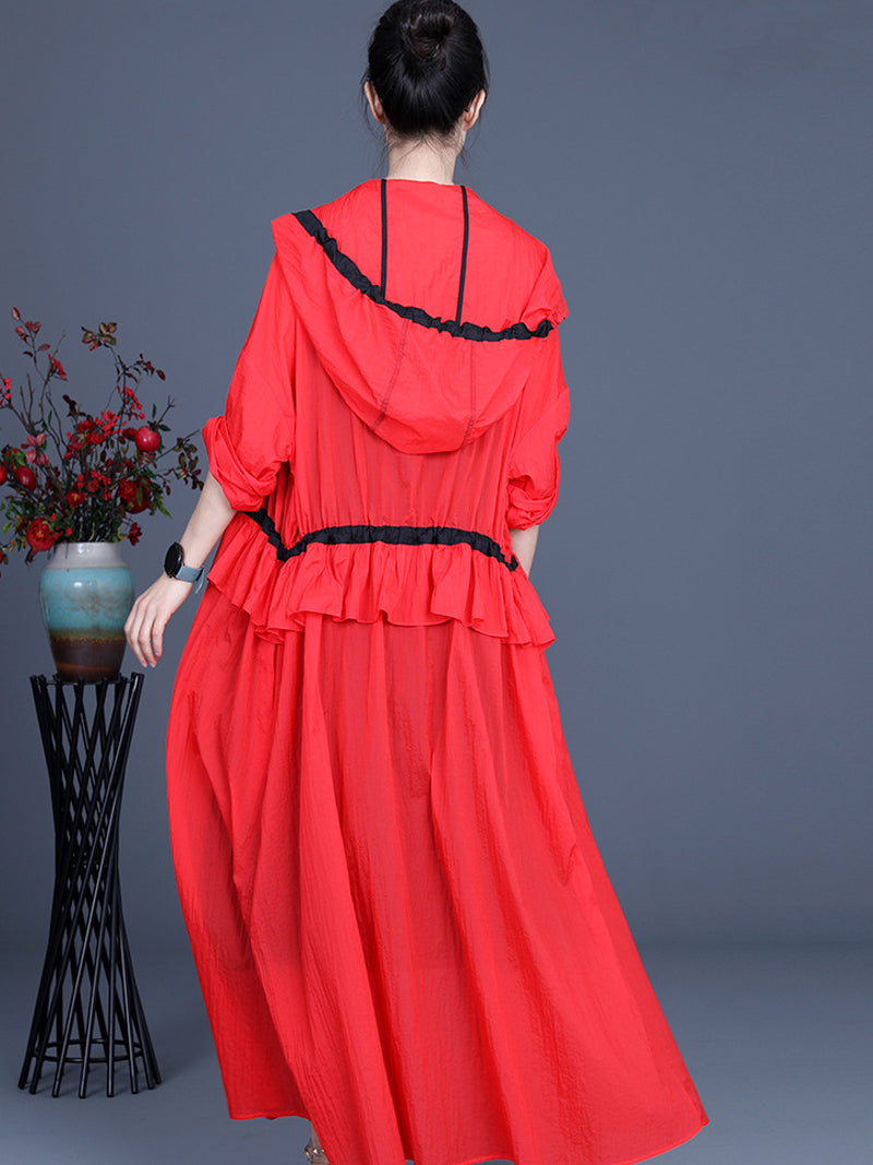 Hooded Drawstring Ruffle Pocket Open Front Long Duster Coat 4