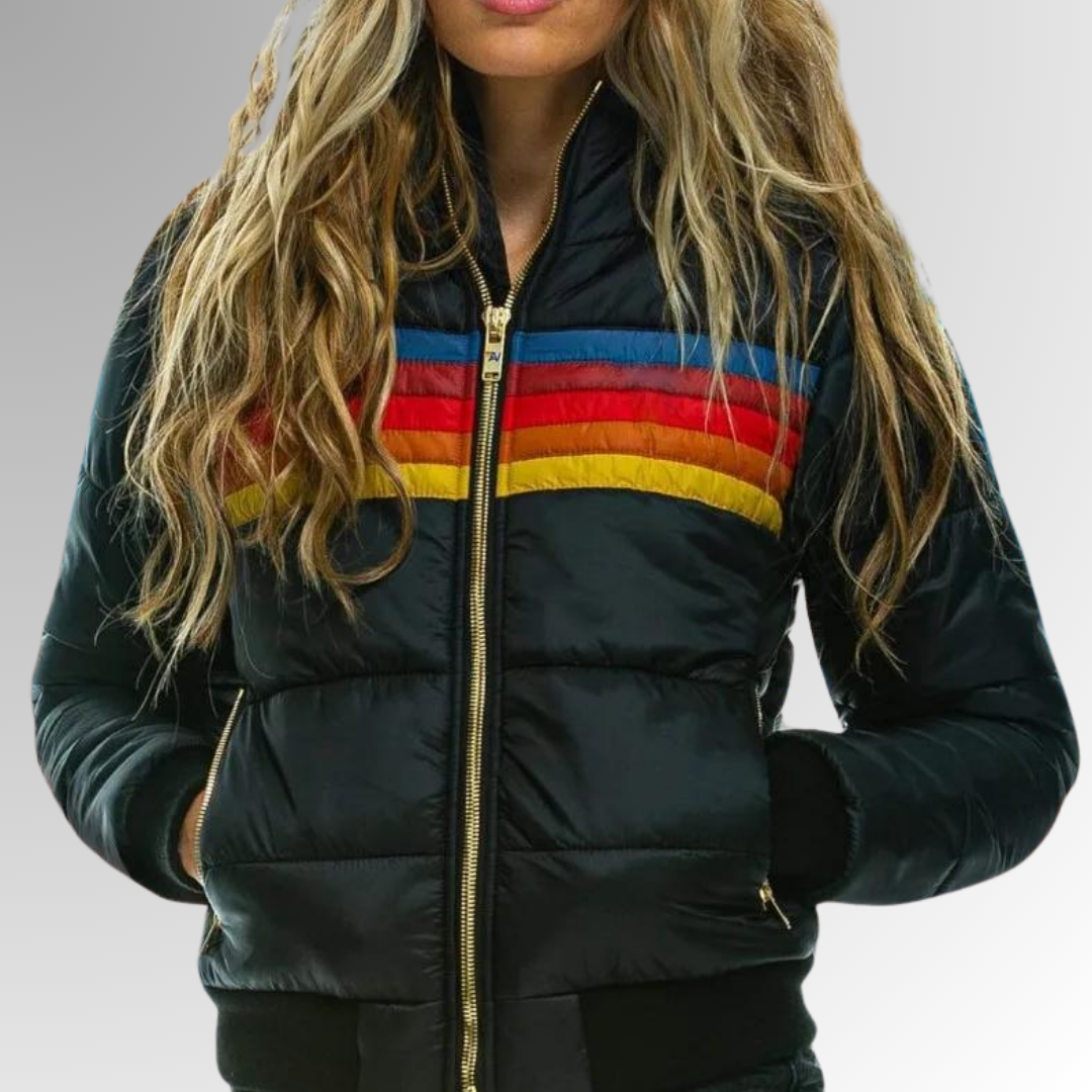 Hooded Zip-Up Colorblock Striped Puffer Jacket 5