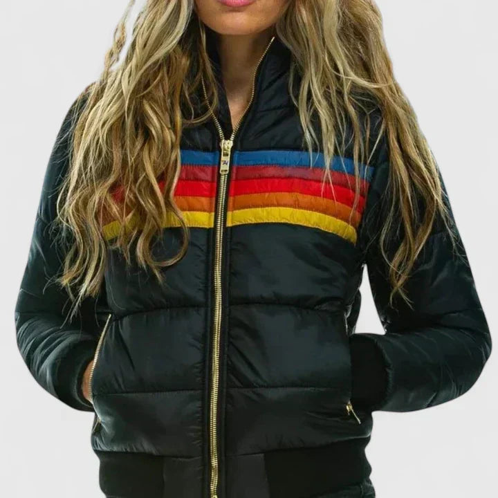 Stand Collar Zip-Front Retro Rainbow Stripe Puffer Jacket