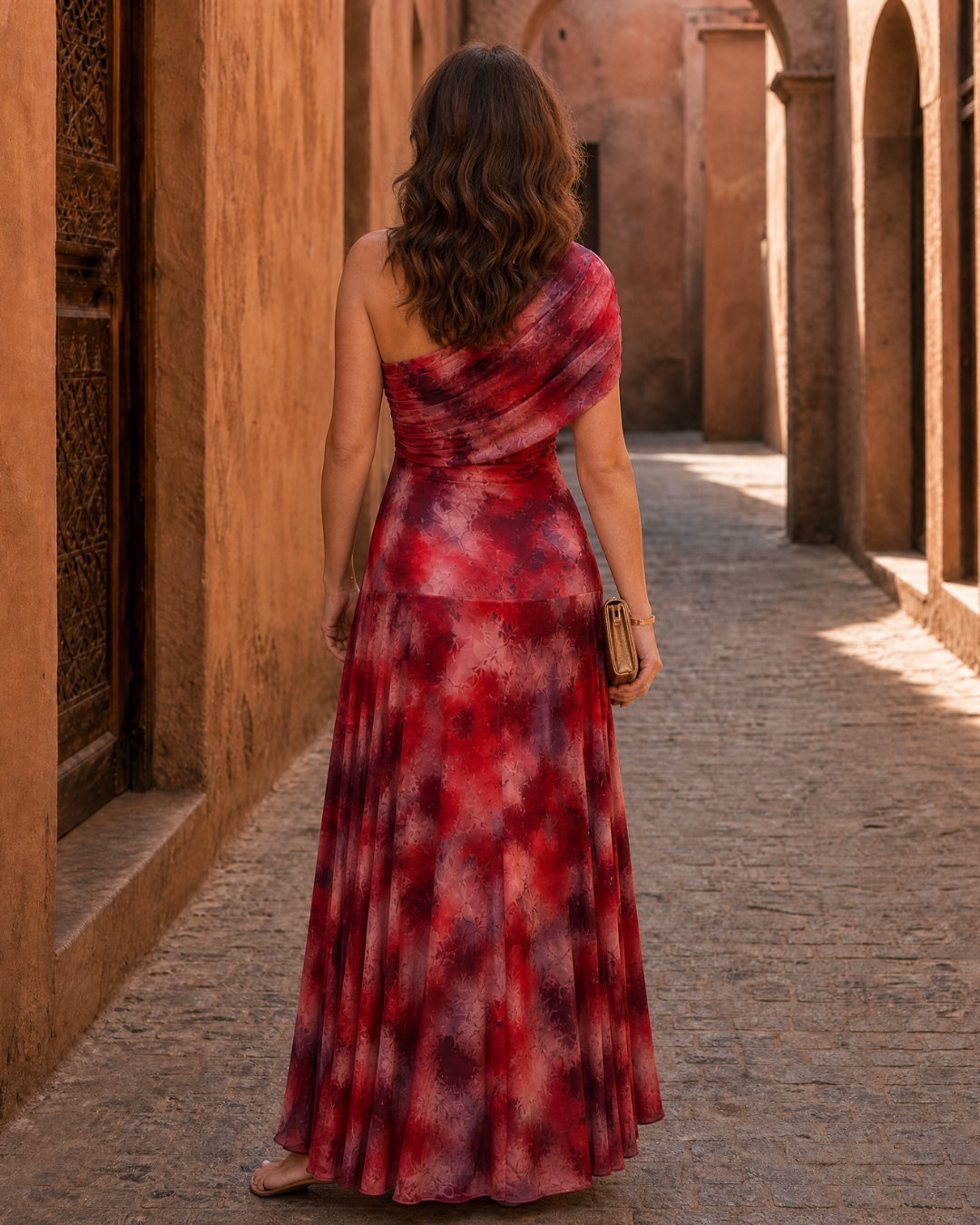 Red One Shoulder Draped Watercolor Print Ruched Flowy Maxi Dress 4