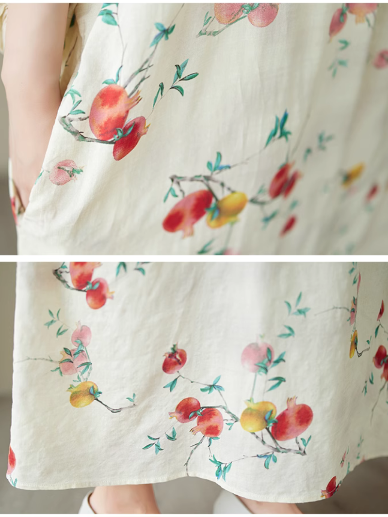 White Round Neck Fruit Print Batwing Sleeve Loose A-Line Maxi Dress