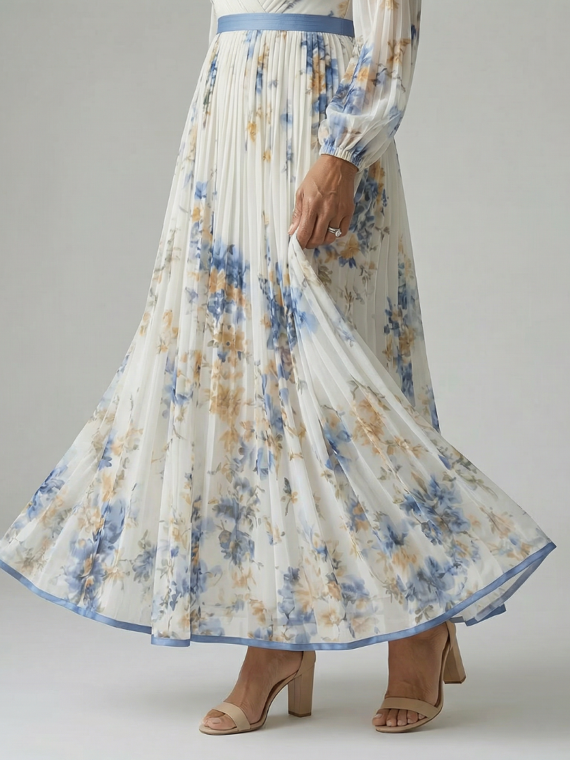 White V-Neck Wrap Pleated Floral Long Sleeve Flowy Maxi Dress