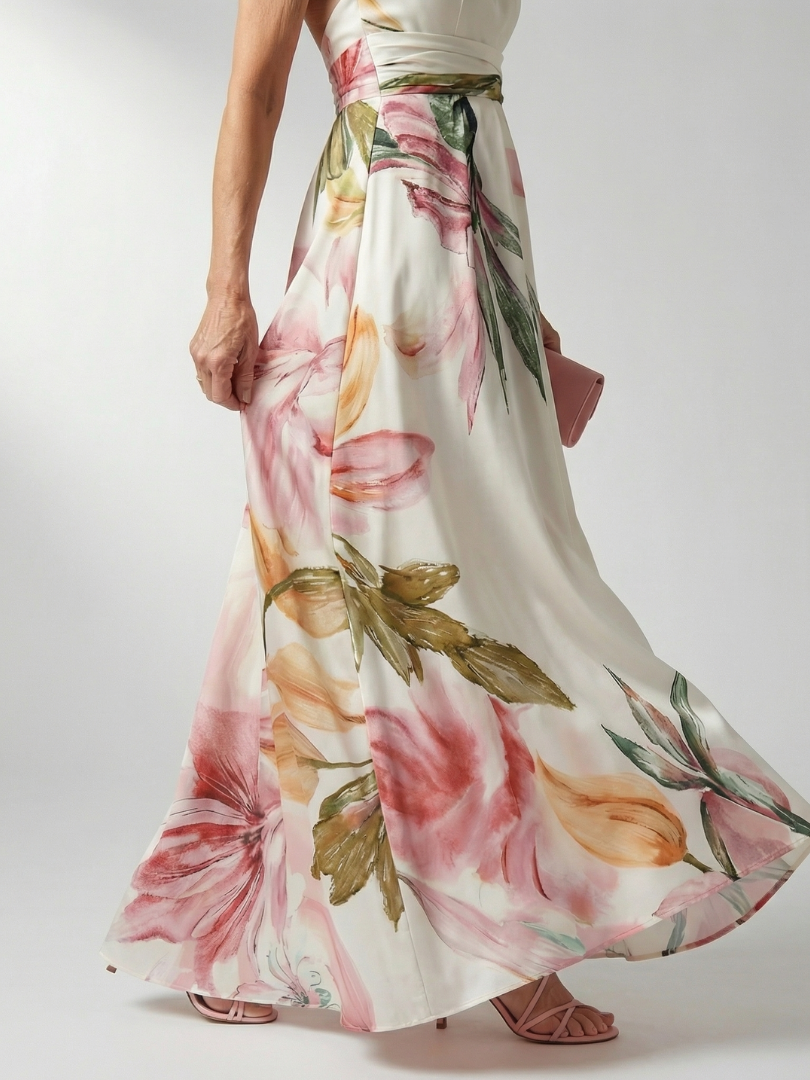 Halter Neck Twist Floral Print Satin A-Line Gown 3