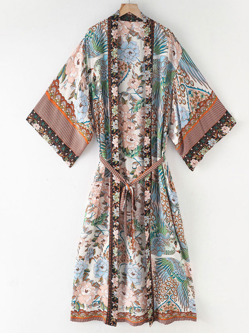 Floral Peacock Print Open Front Long Kimono Duster