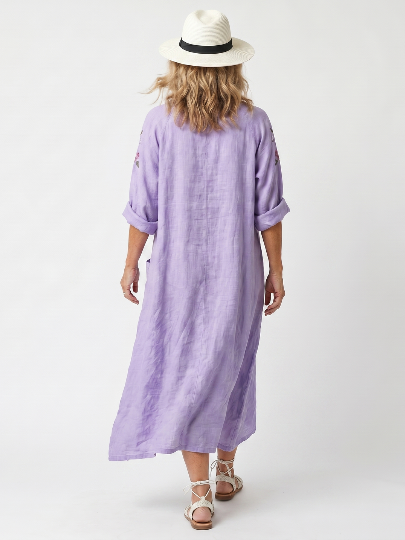 Purple V-Neck Floral Embroidery Long Sleeve Linen Pocket Midi Dress 4