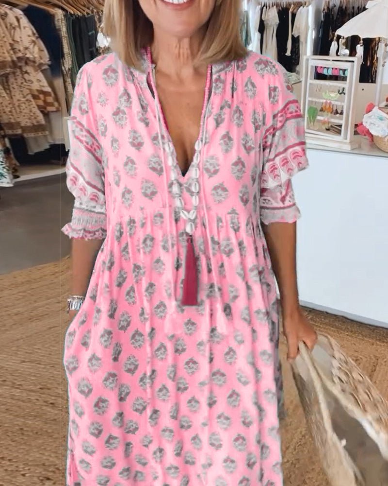 Split V-Neck Boho Border Print Ruffle Sleeve Tiered A-Line Midi Dress