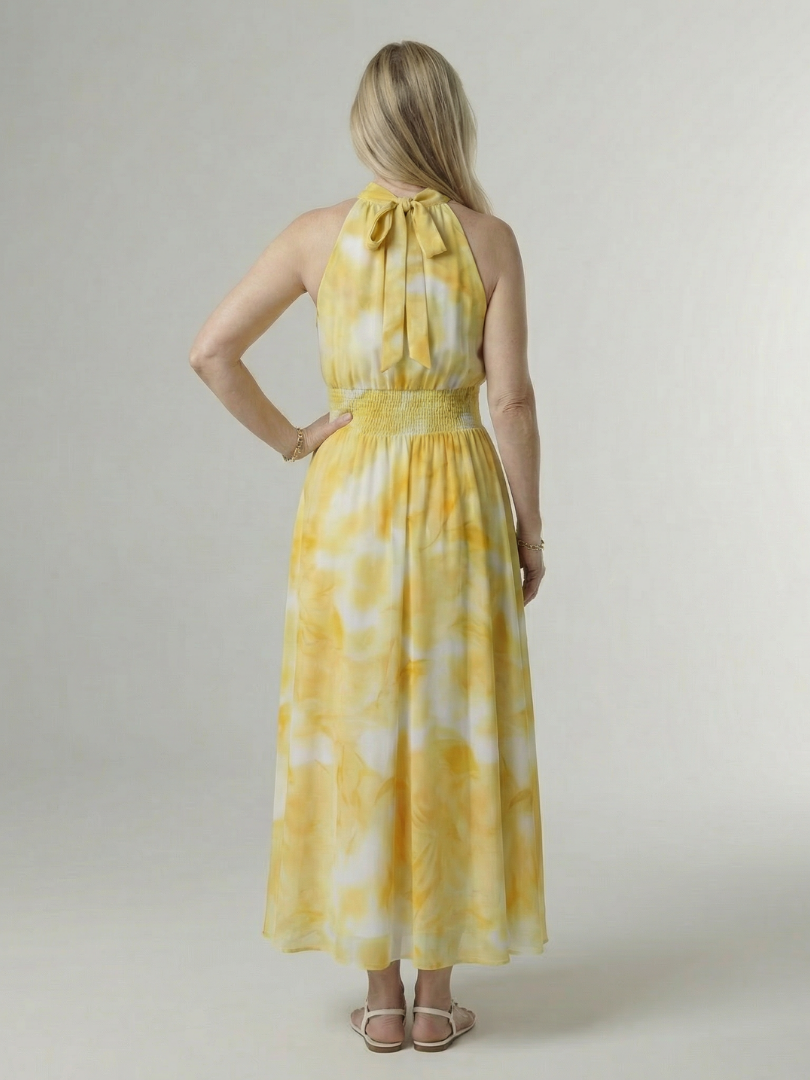 Halter High Neck Sleeveless Tie-Dye Print Shirred Waist Maxi Dress
