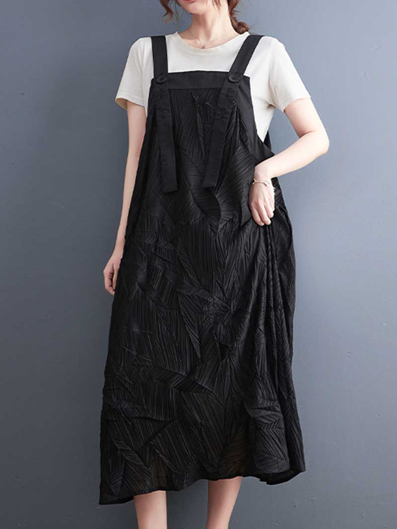 Pleated Cotton Black Color Salopette Dress