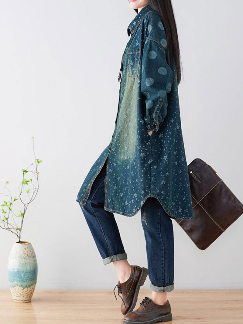 Collared Star Print Long Sleeve Washed Denim Shirt Dress 4