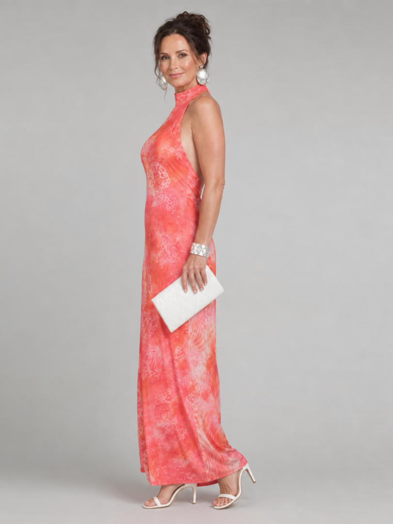 Orange Halter Neck Sleeveless Tie-Dye Print Backless Column Maxi Dress 2