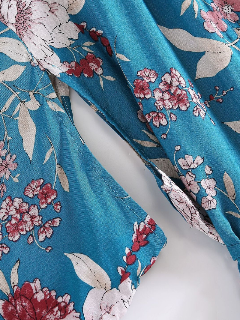 Blue Floral Print Belted Wide Sleeve Long Kimono Robe 4