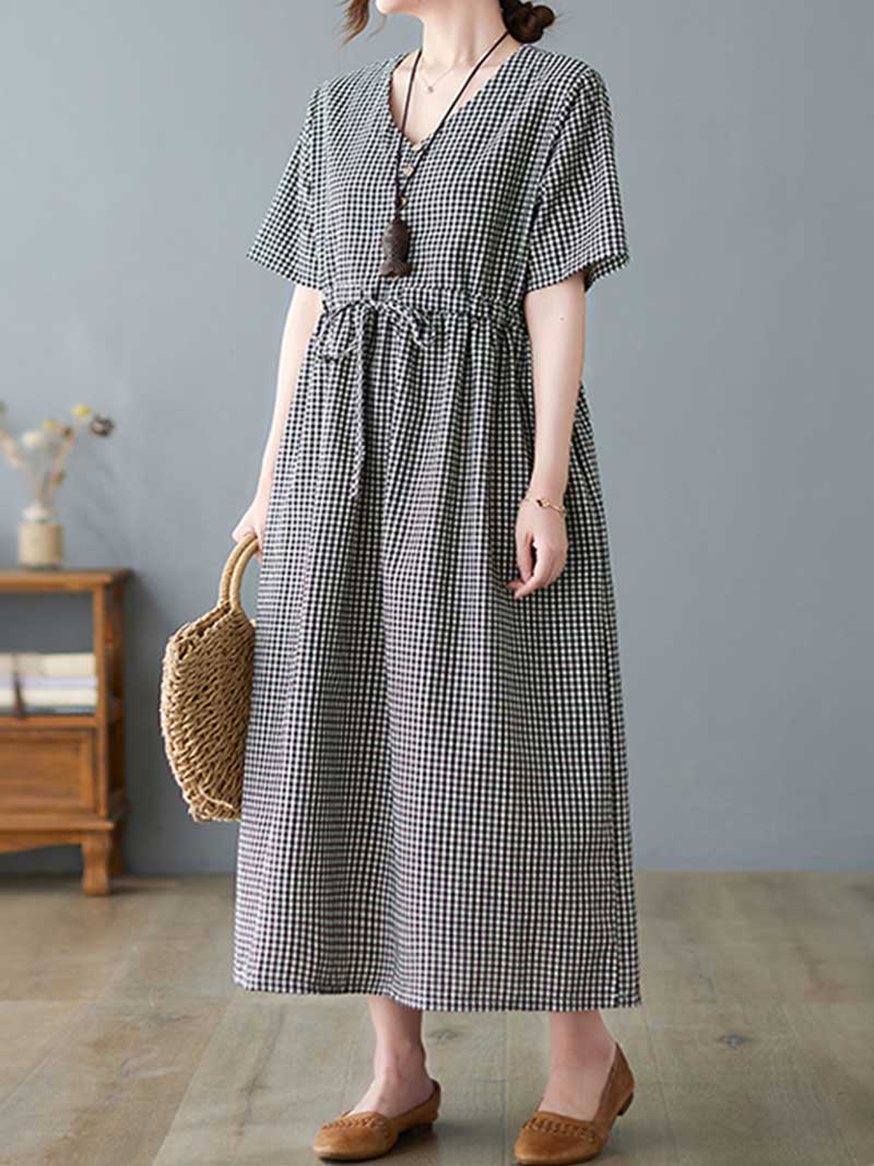 Black V-Neck Short Sleeve Gingham Check Drawstring Waist Smock Midi Dress