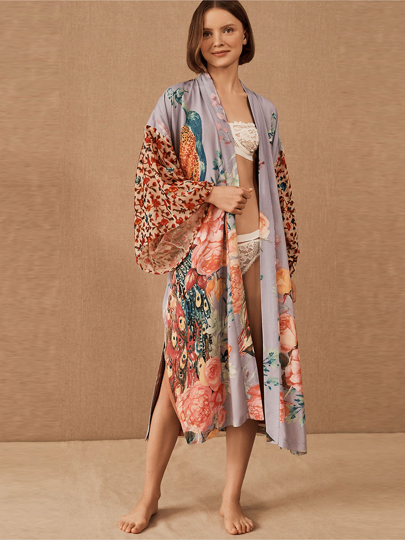 Multicolor Peacock Floral Print Wide Sleeve Open Front Long Kimono