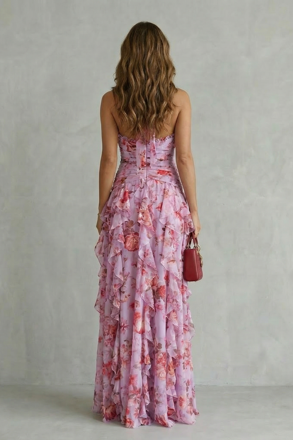 Halter V-Neck Floral Ruched Cascading Ruffle Maxi Gown 5