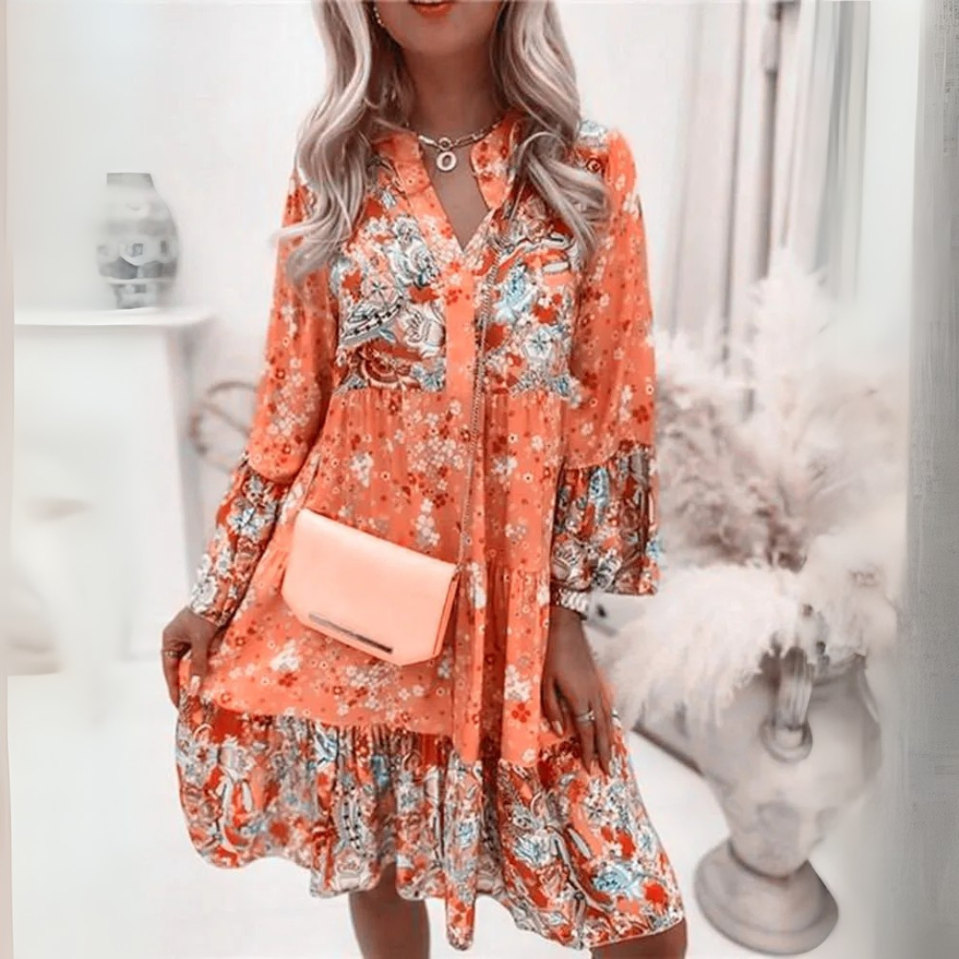 V-Neck Floral Boho Long Sleeve Tiered Ruffle Mini Dress
