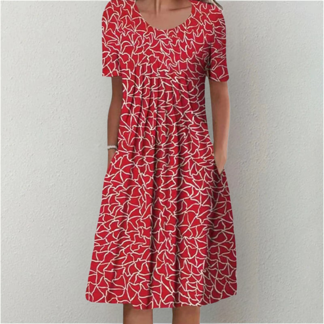 Round Neck Wildflower Print Short Sleeve Pleated Pocket Midi Dress 6