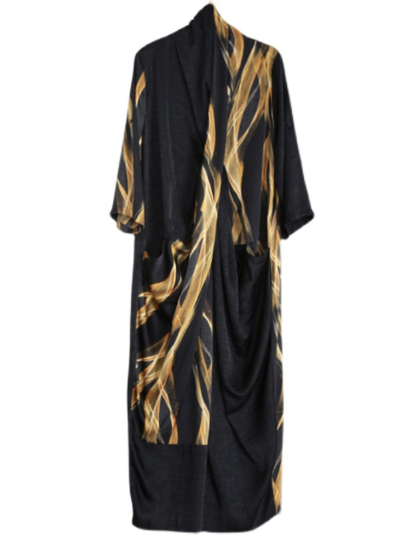 Yellow V-Neck Abstract Print Draped Pocket Loose Maxi Dress 4