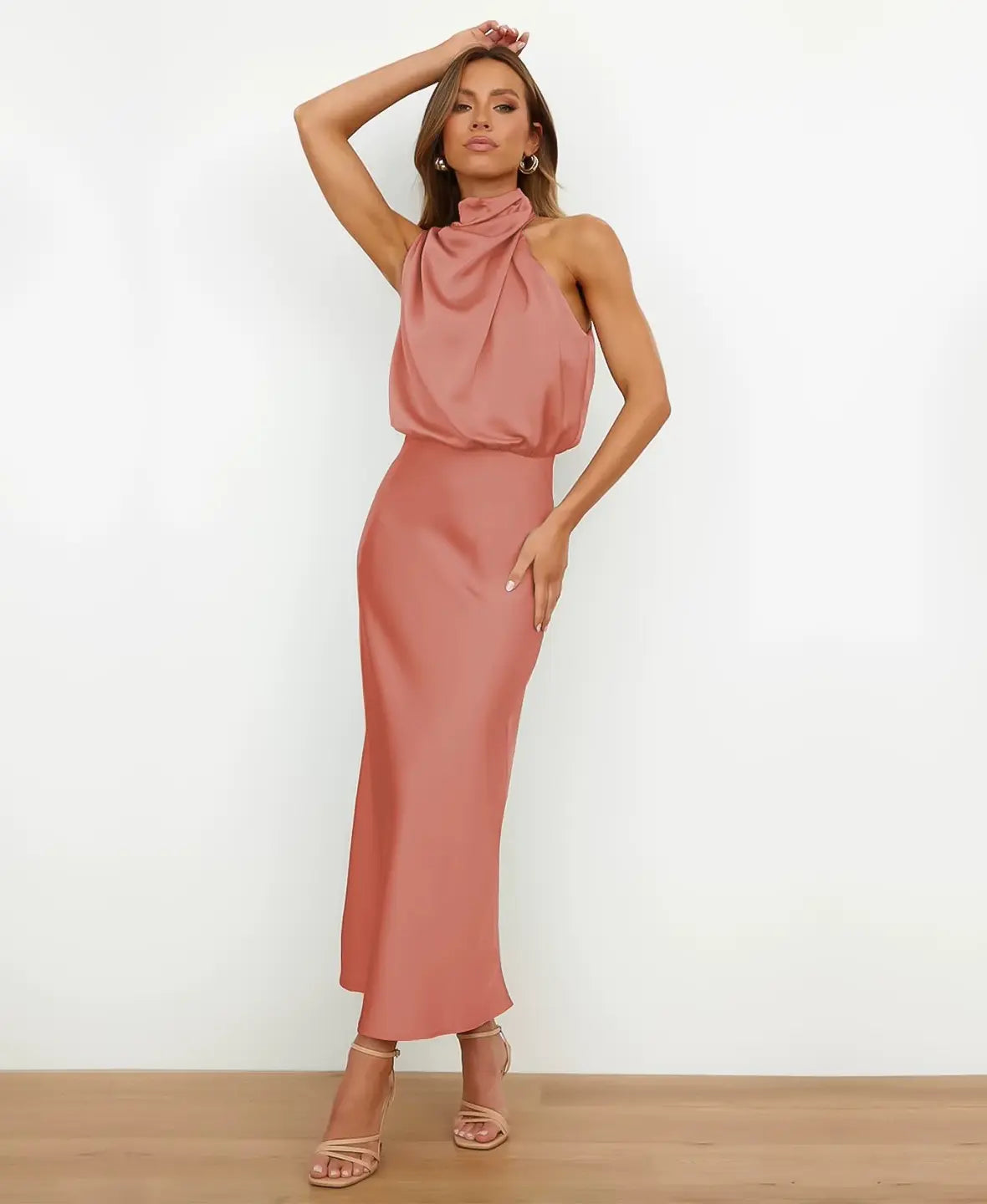 Halter Neck Draped Satin Sleeveless A-Line Maxi Dress 12